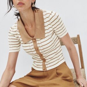 NVLT Cream and Tan Striped Short-Sleeve Button Down Top